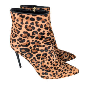 Alice + Olivia Celyn Leopard Calf Hair Stiletto Zip Up Ankle Booties Glam Size 8